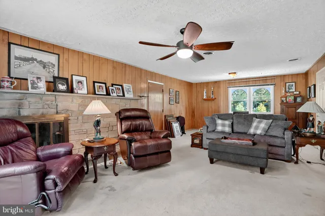a living room with furniture and a fireplace