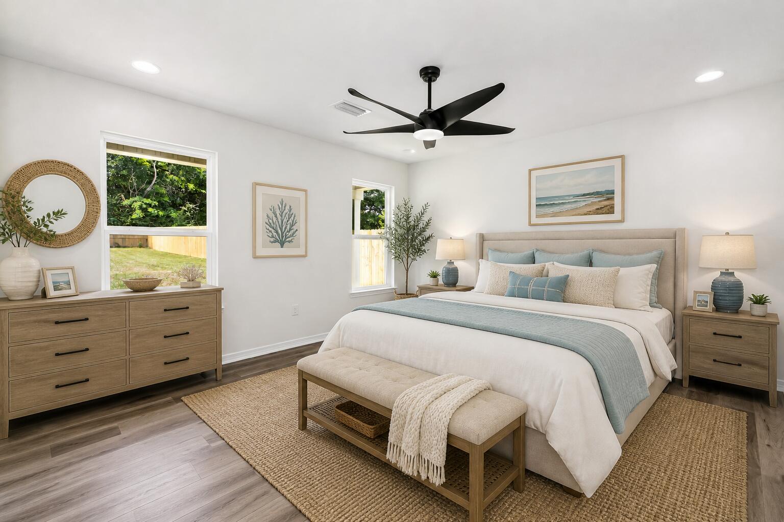 8084 3rd Street Laurel Hill, FL 32567 - Photo 16 of 34 a spacious bedroom with a bed and a chandelier