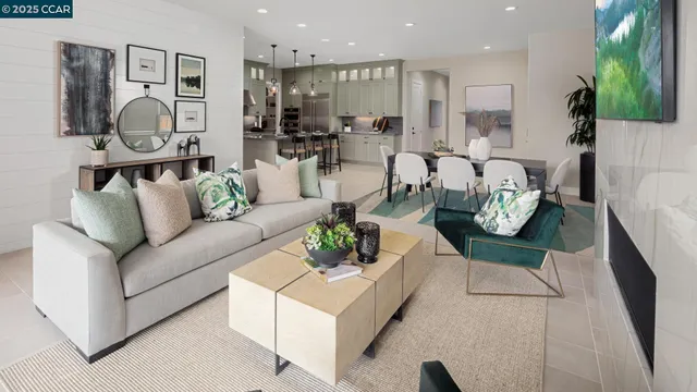 a living room with furniture potted plant and a table