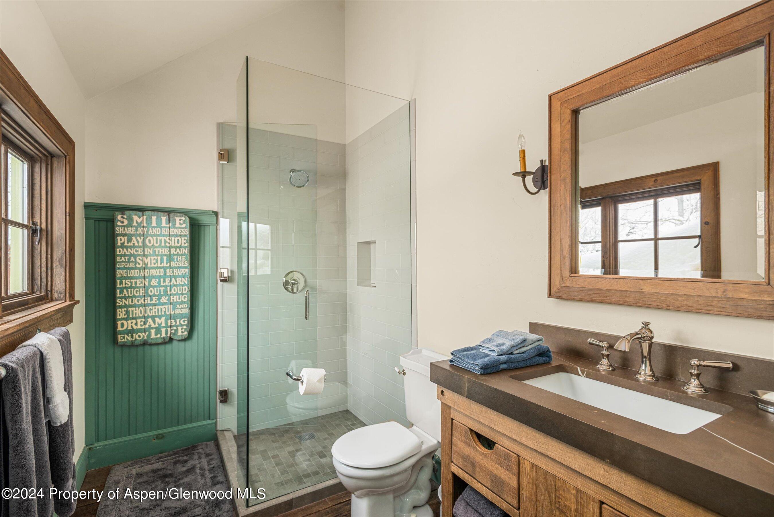 855 Moore Drive Aspen, CO 81611 - Photo 32 of 50 a bathroom with a granite countertop sink toilet and shower