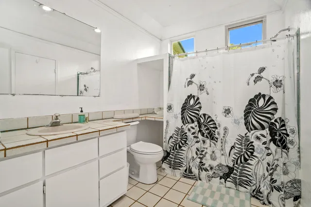 a bathroom with a granite countertop sink a toilet and a shower
