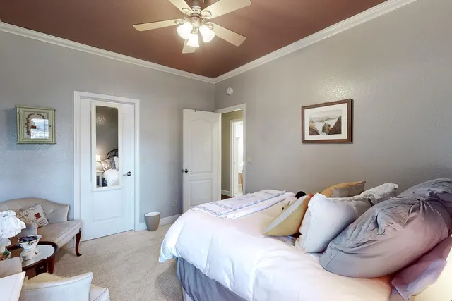 a bedroom with a large bed and a chandelier