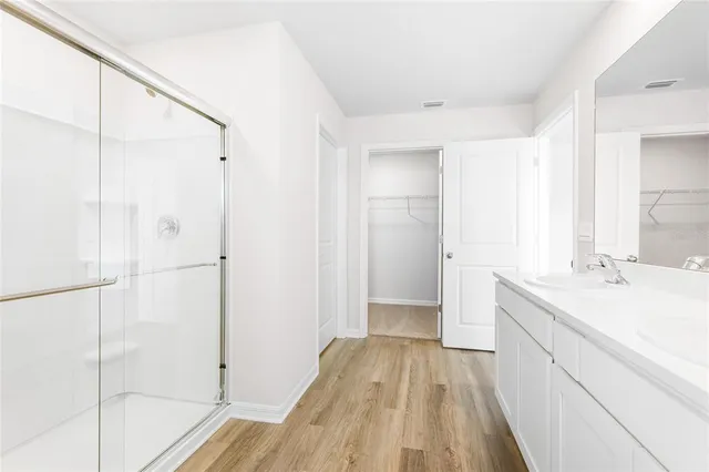 a view of bathroom with a sink mirror and shower