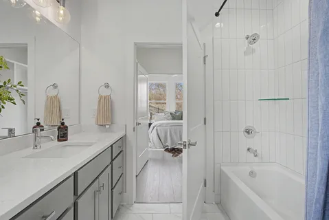 a bathroom with a bathtub