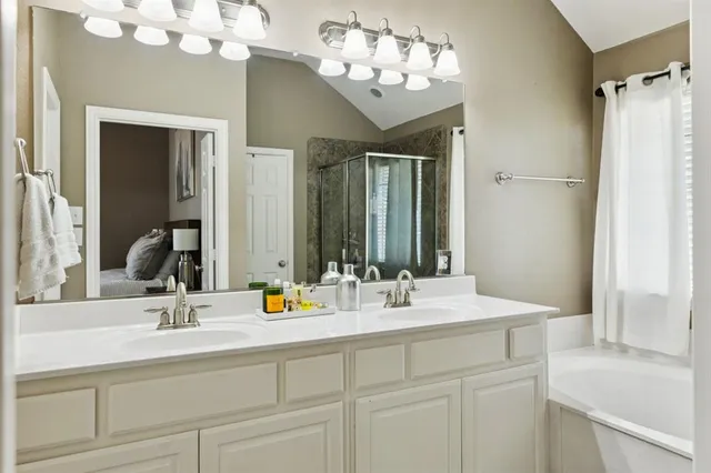 a bathroom with a sink vanity and a mirror