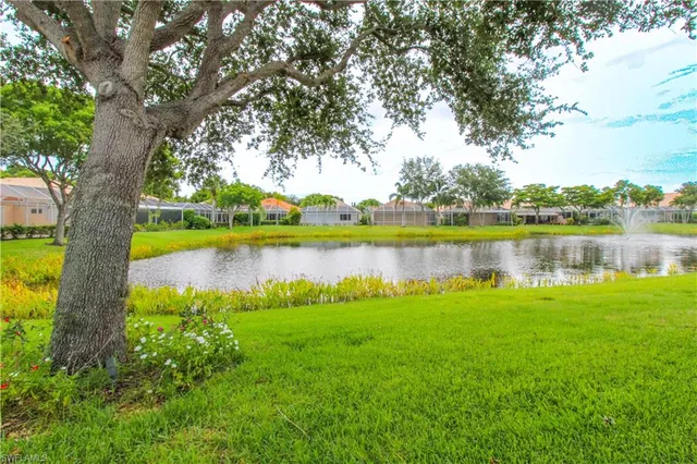 a view of a lake with houses in the back