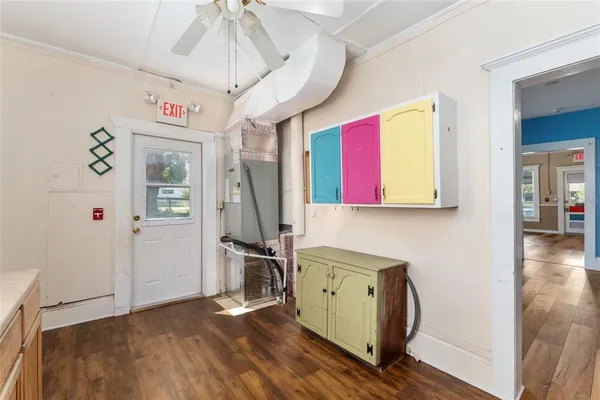 a view of a garden with large trees