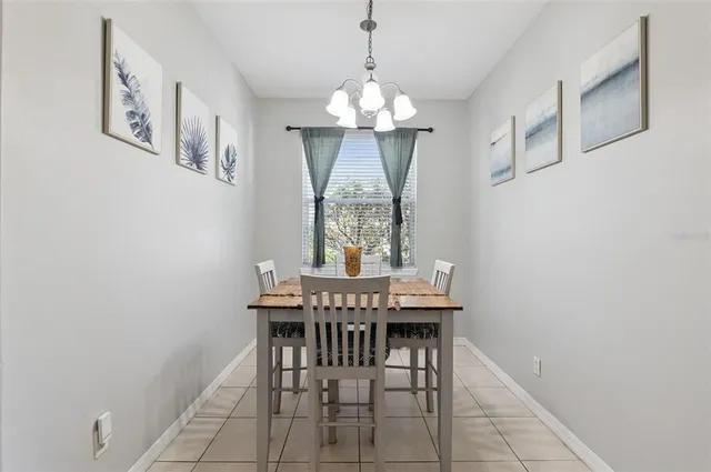 a view of a dining room with furniture and window