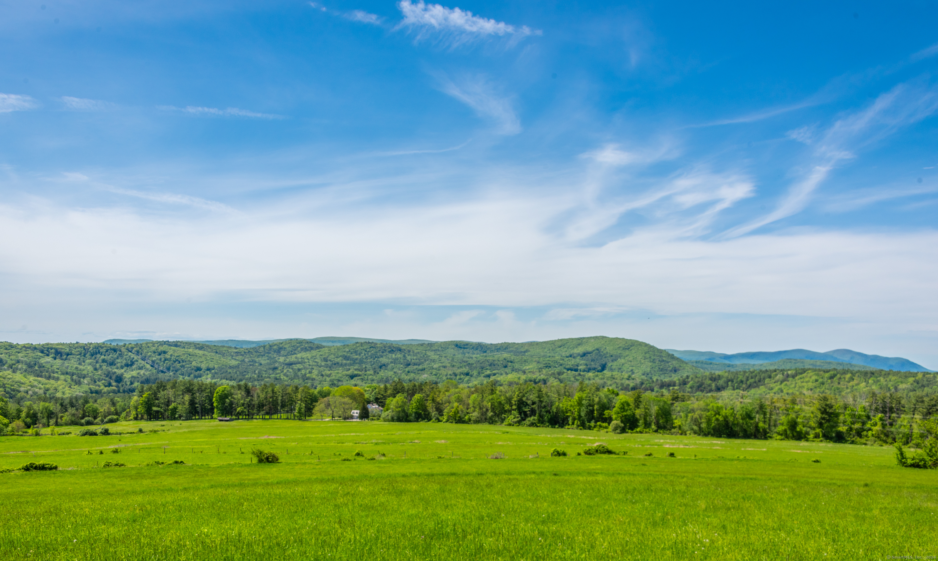 a view of a grassy field with mountains in the background