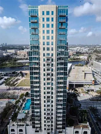 a city view with tall buildings