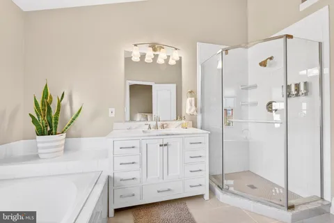 a bathroom with a double vanity sink mirror and shower