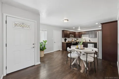 a view of a dining room with furniture and wooden floor