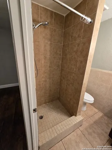 a bathroom with a shower and a toilet