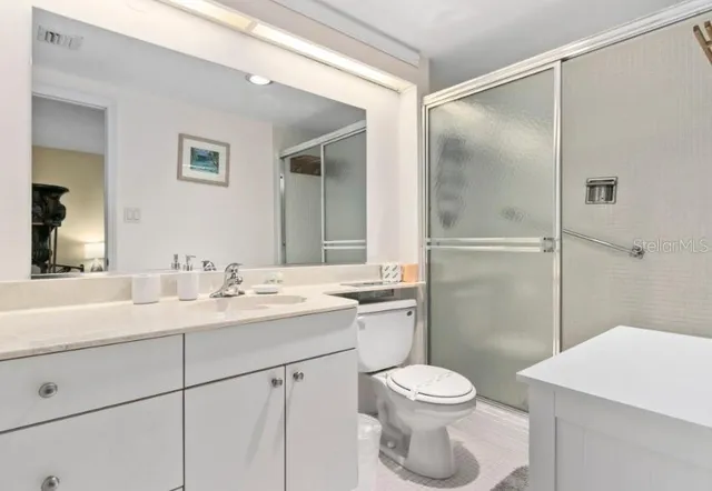 a bathroom with a toilet a sink a mirror a vanity and shower
