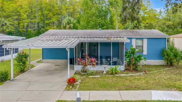 a view of a house with a yard and potted plants