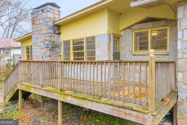 a view of a building from a small yard