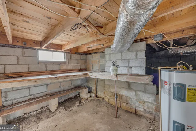 a storage room with wooden racks