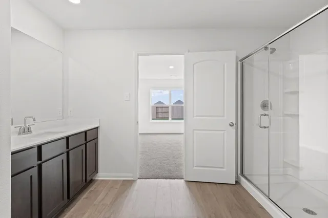 a bathroom with a shower and a sink