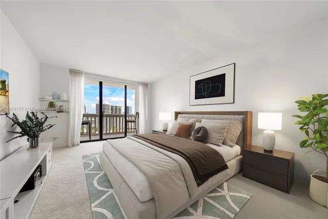 a bedroom with a large bed potted plant and a window