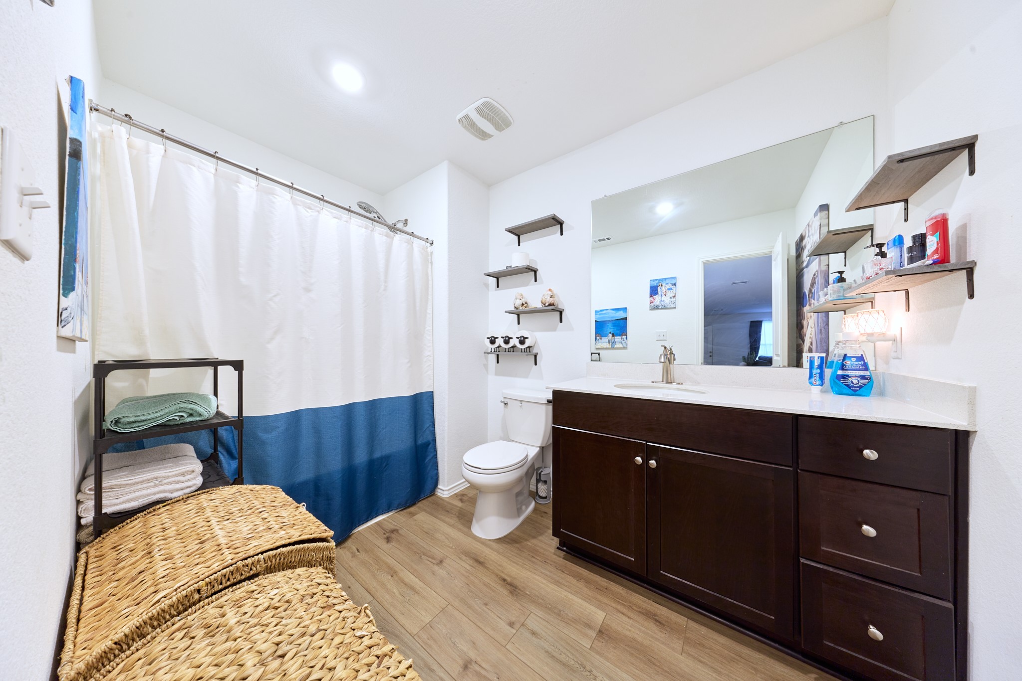 17701 Oso Cove Elgin, TX 78621 - Photo 4 of 9 Full bath with vanity, a shower with shower curtain, and light wood-style floors