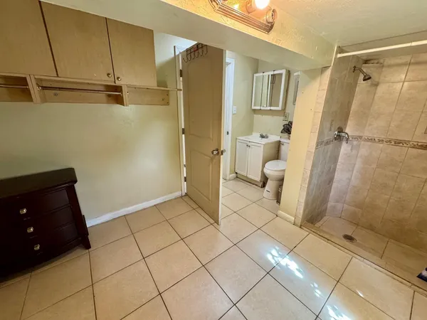 a bathroom with a shower and a toilet