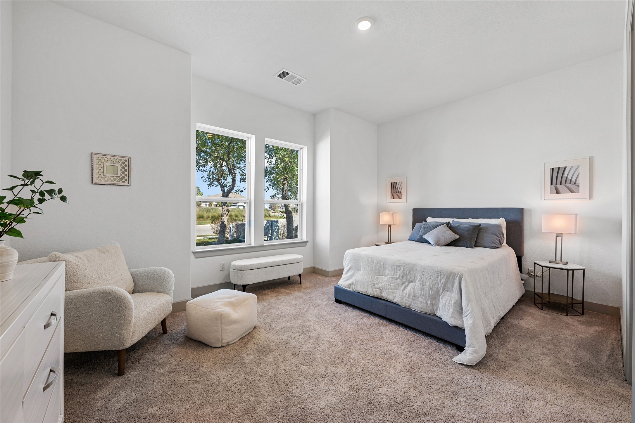 298 Smoke Tree Circle Dripping Springs, TX 78620 - Photo 20 of 38 a bedroom with a bed and a couch with exposed radiator