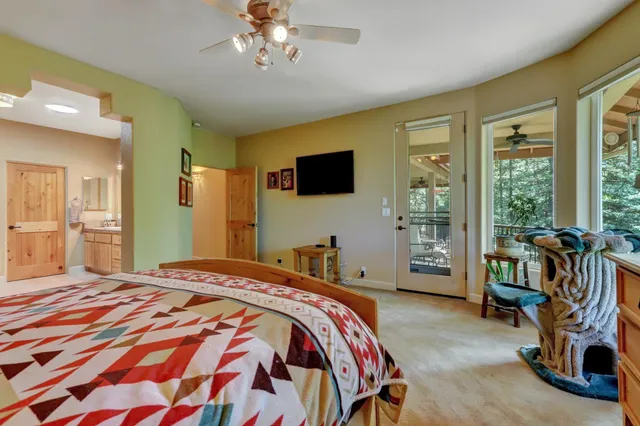 a bedroom with a bed and a television