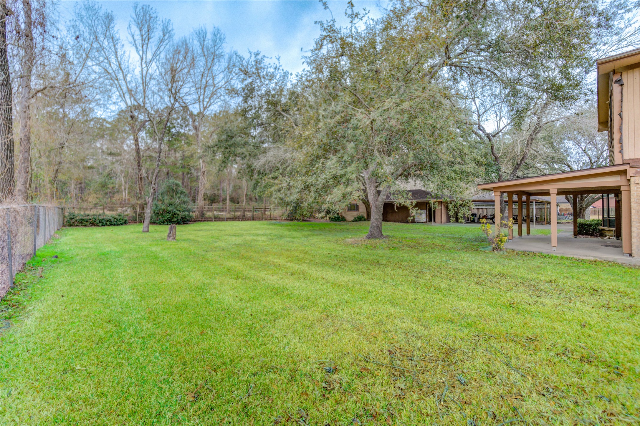 24316 East Webb Road Porter, TX 77365 - Photo 14 of 14 Spacious backyard with a well-maintained lawn, bordered by trees and a fence for privacy. There's a covered patio area attached to a house, offering an ideal space for outdoor activities and relaxation.
