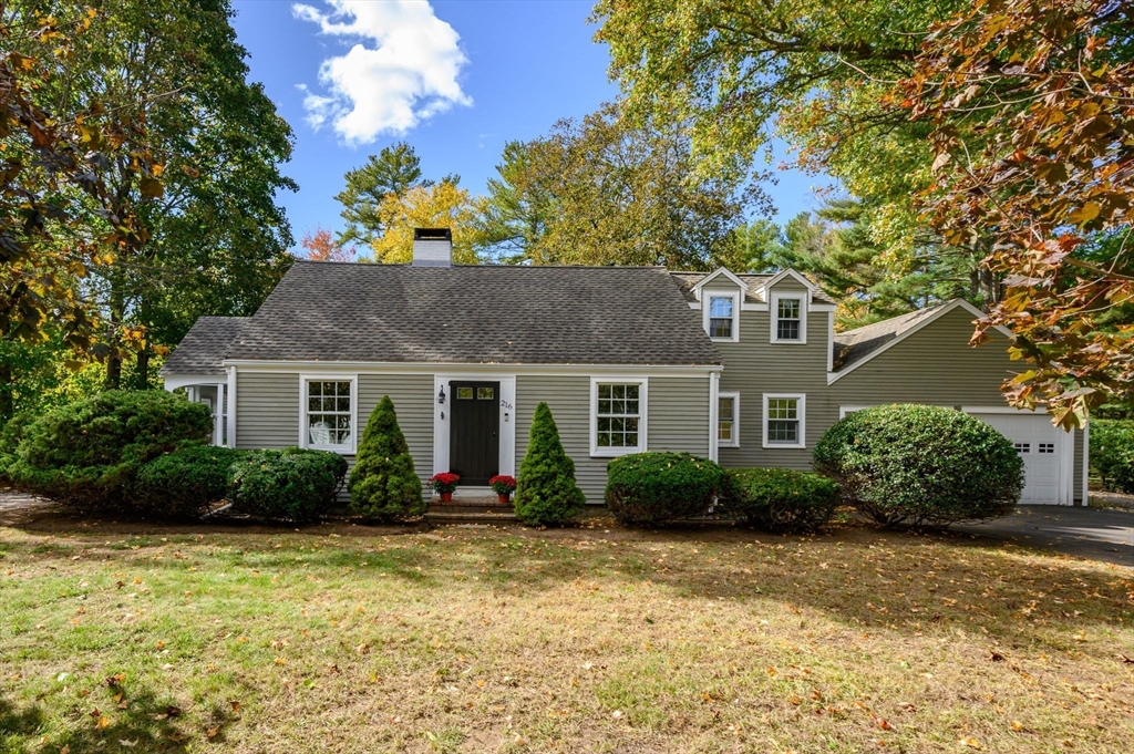 a front view of house with yard and green space