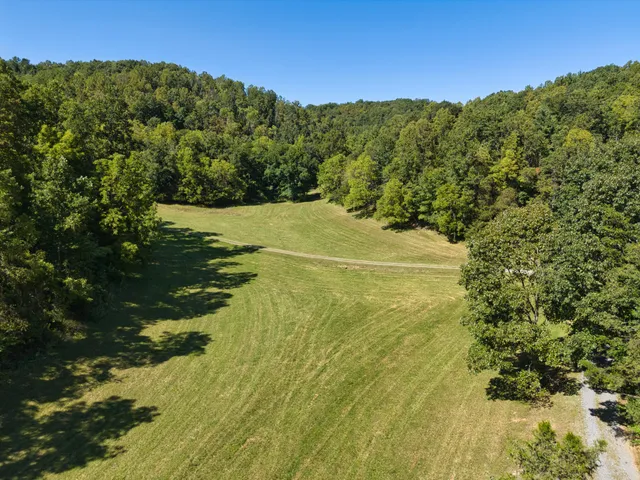 a view of a field with an ocean view