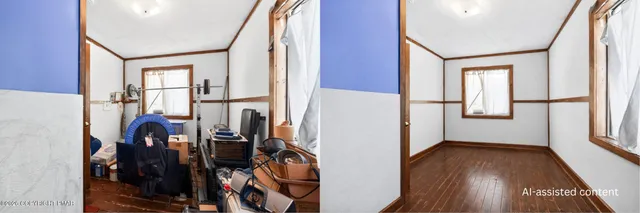a view of a hallway with wooden floor and windows