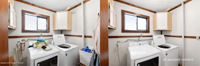 a bathroom with a sink a washer and dryer