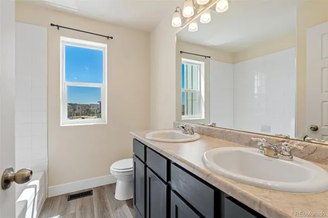 a bathroom with a granite countertop sink toilet and mirror
