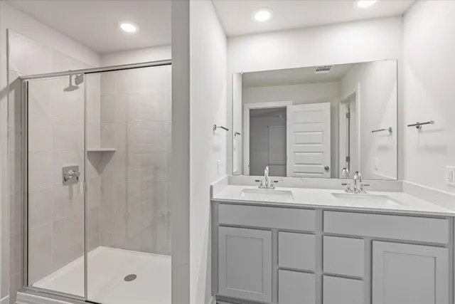 a bathroom with a shower sink vanity and mirror