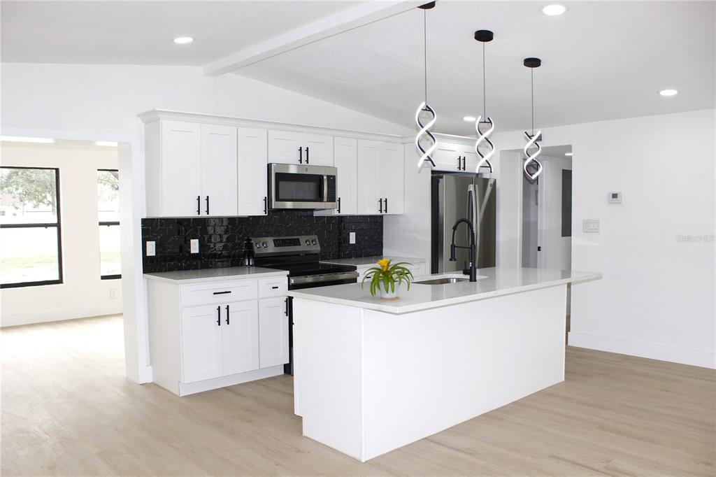 8816 Ashman Road Riverview, FL 33578 - Photo 14 of 52 a kitchen with stainless steel appliances a stove a microwave a refrigerator a sink and white cabinets