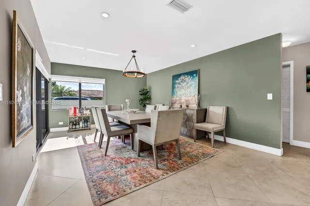 a view of a dining room with furniture window and outside view