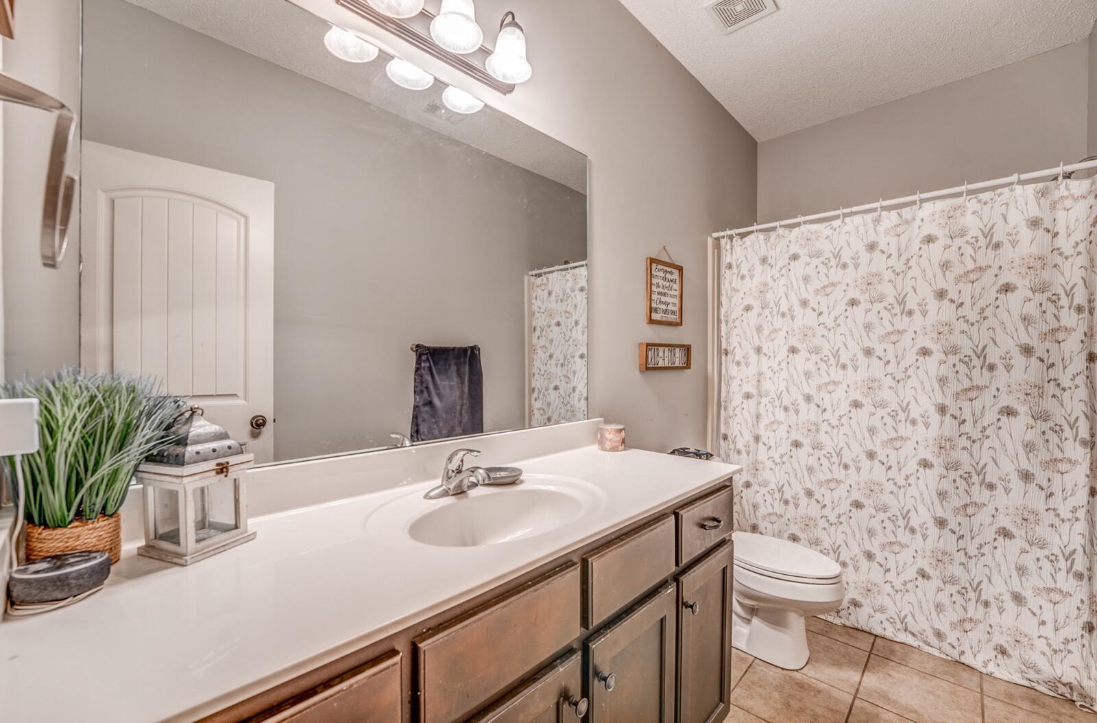 4671 Hampton Ridge Lane Bartlett, TN 38002 - Photo 28 of 40 Bathroom featuring a single-sink vanity with white countertop, dark wood-finish cabinetry, and a large mirror