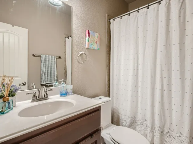 a bathroom with a sink a toilet and shower curtain