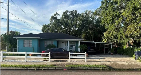 front view of a house with a patio