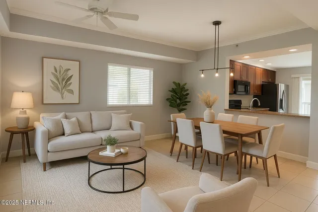 a living room with furniture a rug and a chandelier