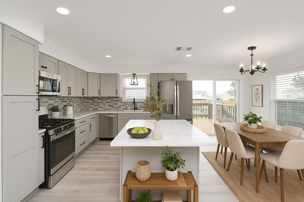 485 Pompano Street Bayou Vista, TX 77563 - Photo 9 of 32 a kitchen with a dining table wooden floor stainless steel appliances and windows
