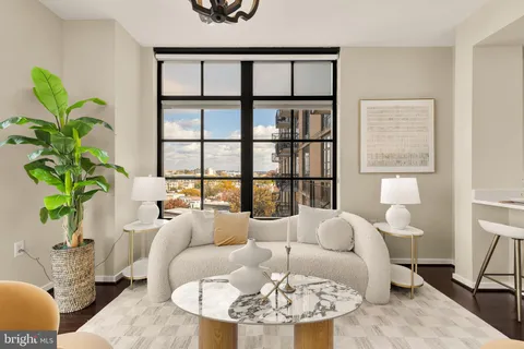 a living room with furniture flowerpot and a potted plant