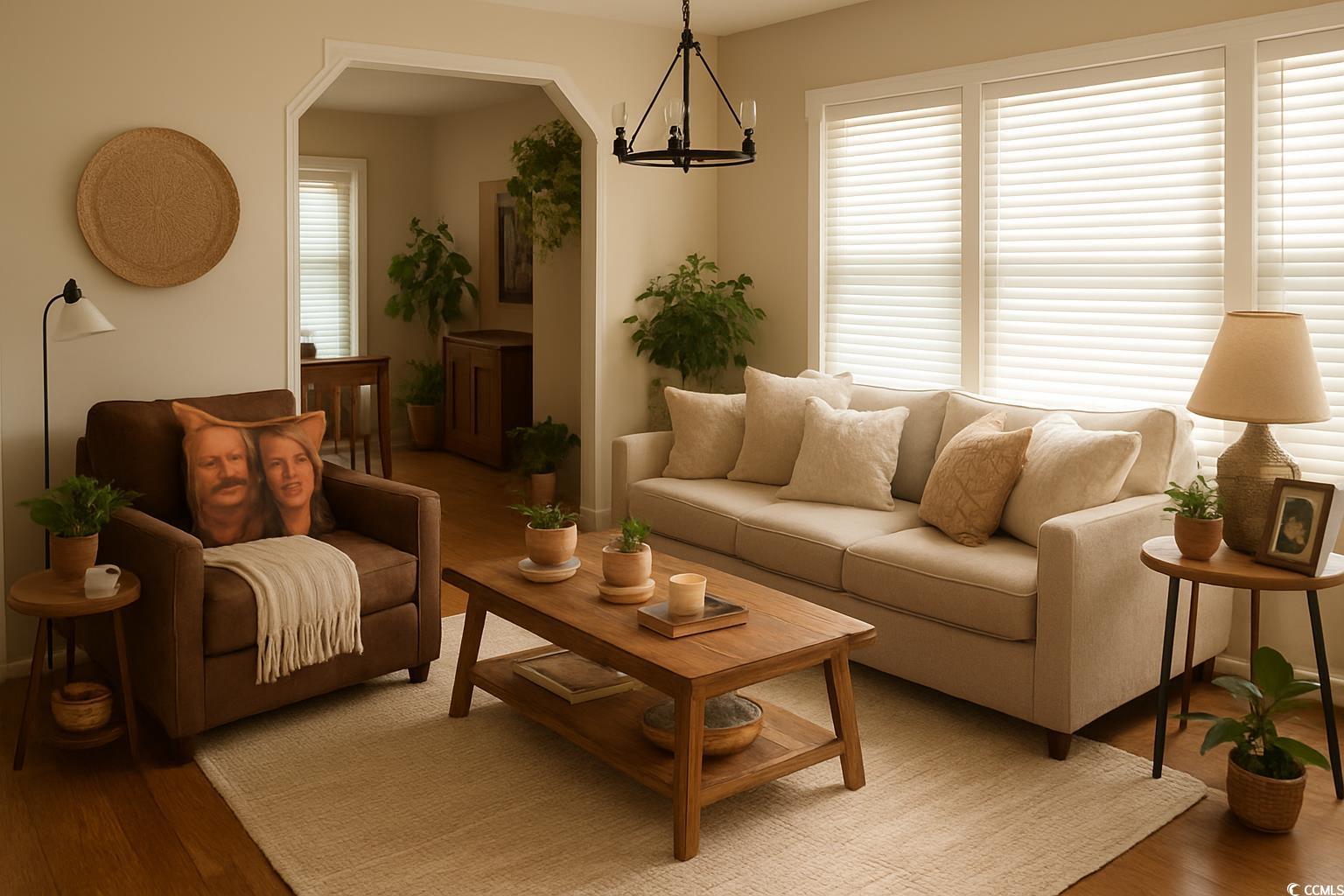 500 Palmetto Street Conway, SC 29527 - Photo 2 of 17 Living area featuring wood finished floors, a chandelier, and arched walkways