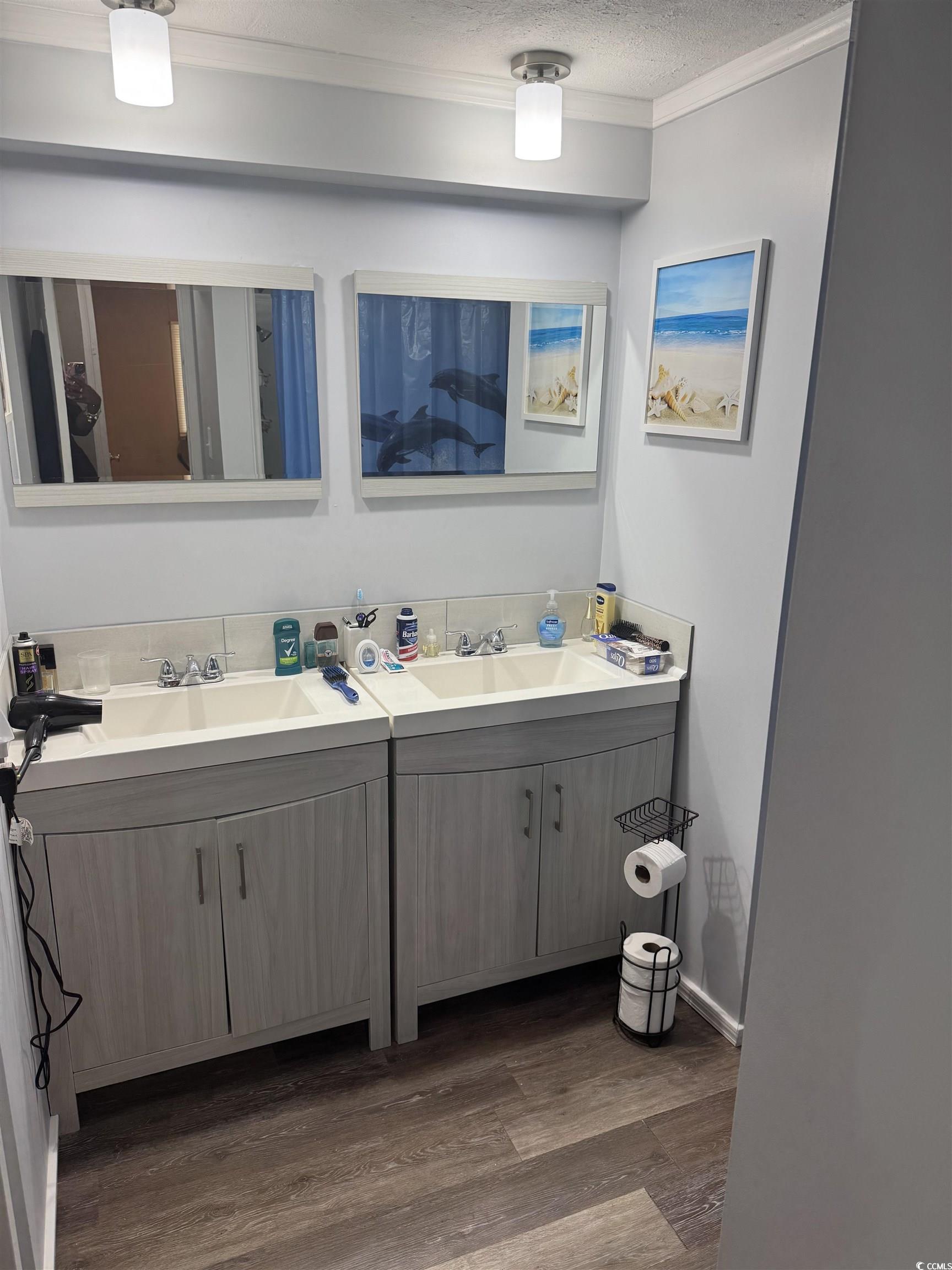 500 Palmetto Street Conway, SC 29527 - Photo 9 of 17 Full bath featuring a textured ceiling, double vanity, dark wood-style floors, and crown molding