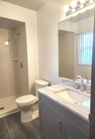 a bathroom with a sink toilet and a mirror