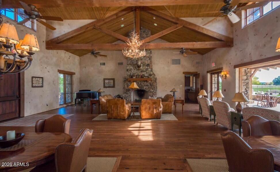 9820 Clear Fork Road Prescott, AZ 86305 - Photo 61 of 75 a living room with fireplace furniture and a chandelier
