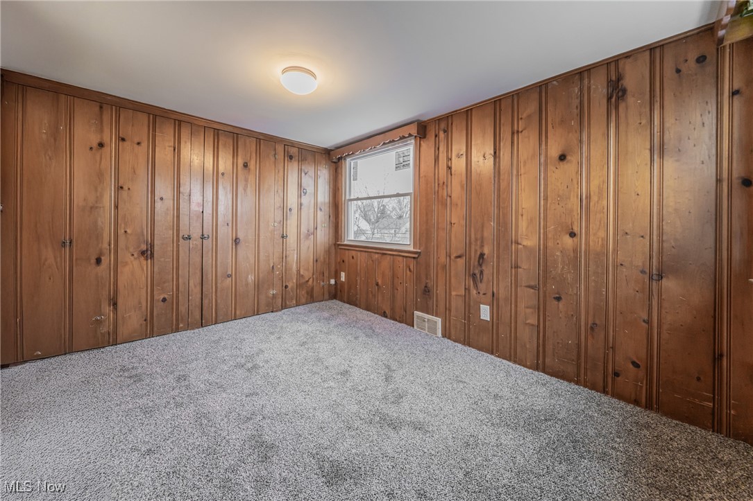 1391 Avondale Road Cleveland, OH 44121 - Photo 35 of 46 Unfurnished room featuring carpet flooring, visible vents, and wooden walls