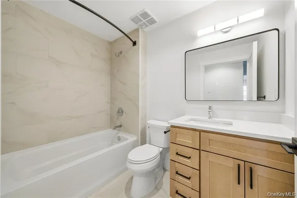 a bathroom with a toilet a sink a mirror a bathtub and vanity