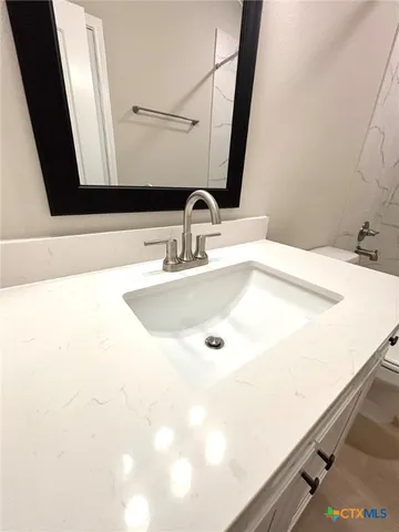 a bathroom with a sink and a mirror