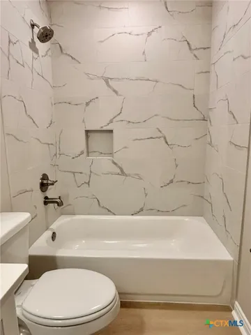 a bathroom with a bathtub and a toilet